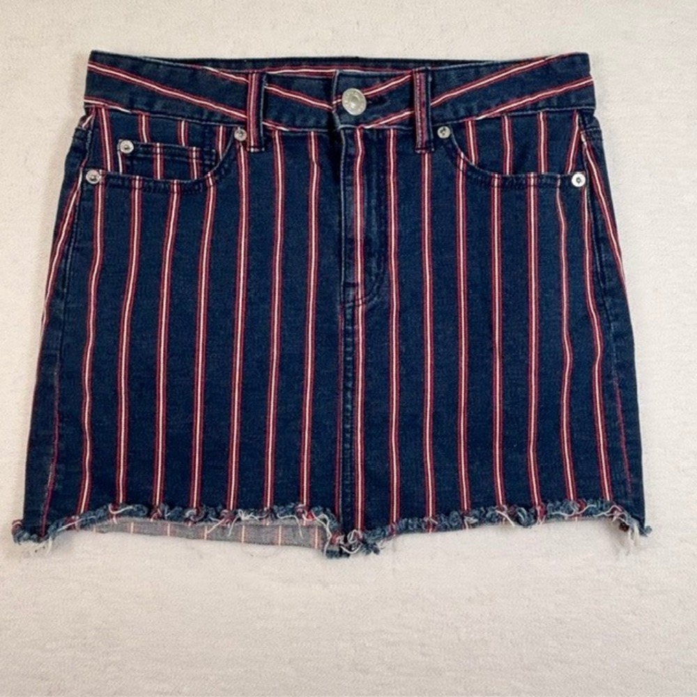 American Eagle Hi-Rise Mini Skirt Size 4 Striped Denim Raw Hem Super Stretch